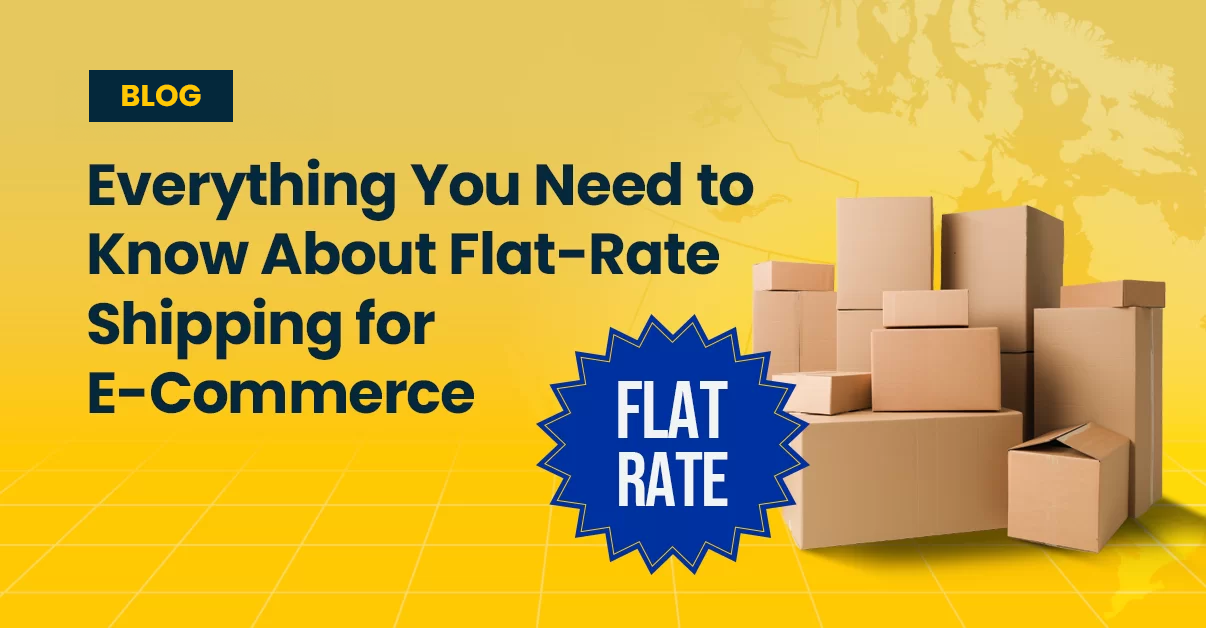 Stack of cardboard boxes on a yellow grid background with the text “Everything You Need to Know About Flat-Rate Shipping for E-Commerce” and a blue badge labeled “Flat Rate.”