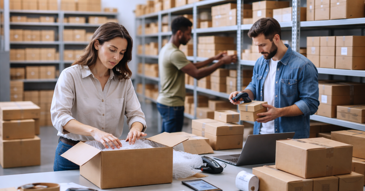 a small team handling orders manually in a warehouse 