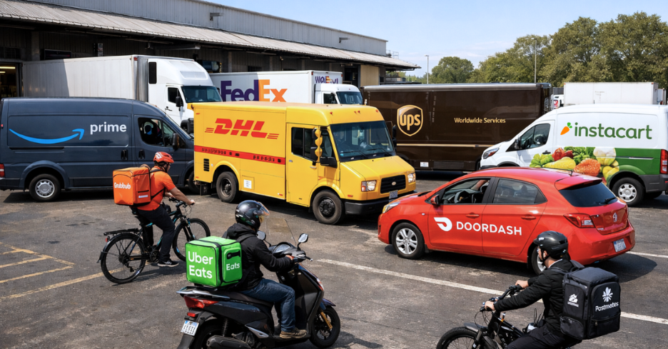 Last mile delivery in Canada- Multiple delivery vehicles from different companies on the road