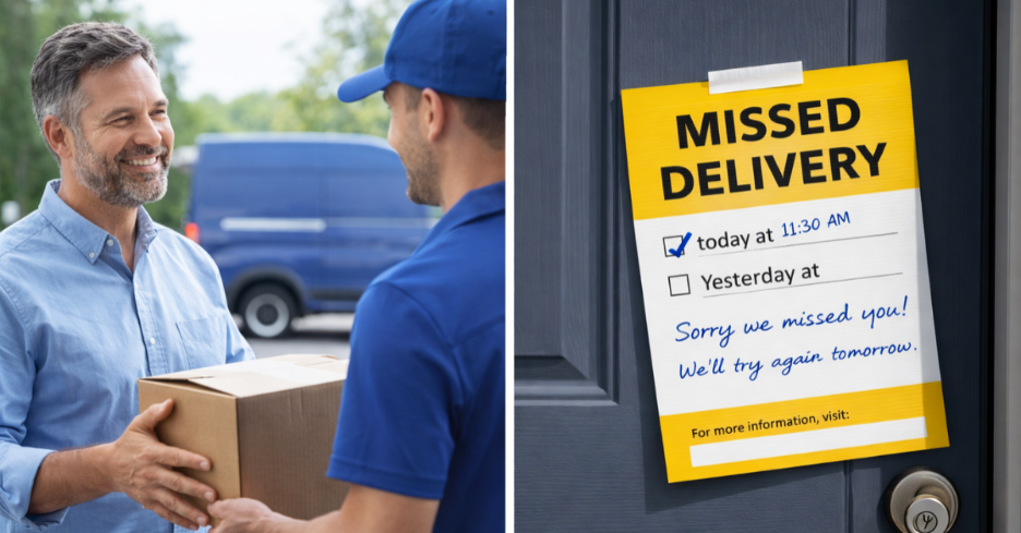 a successful delivery handoff, and the other shows a missed delivery notice stuck on a door