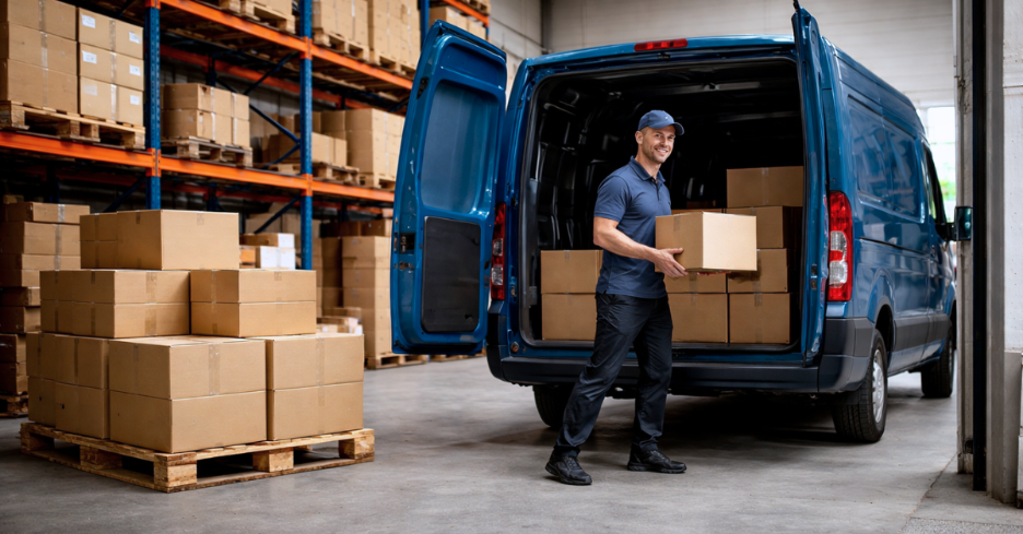 A warehouse scene where packages are being loaded into a delivery van, with a driver preparing for dispatch