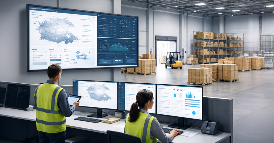 fulfillment warehouse technology environment with screens or dashboards