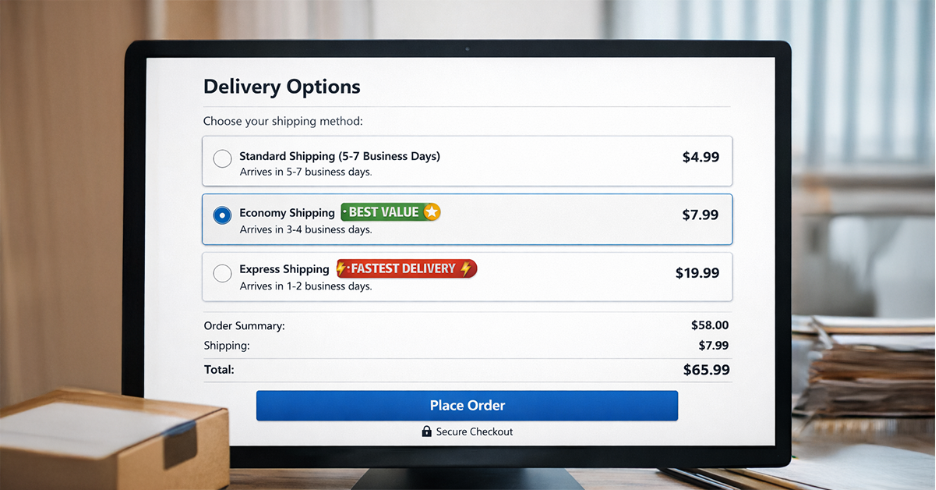 same day vs next day vs scheduled vs on demand delivery options on a checkout page