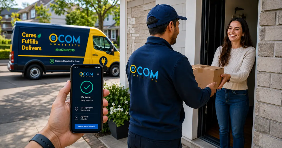 Ecom Logistics driver successfully completing a delivery at a customer door
