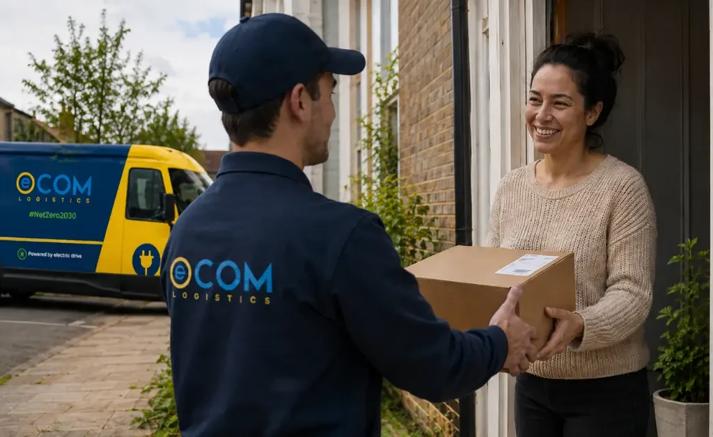 Ecom delivery van with driver handing a package to a smiling customer at their front door 