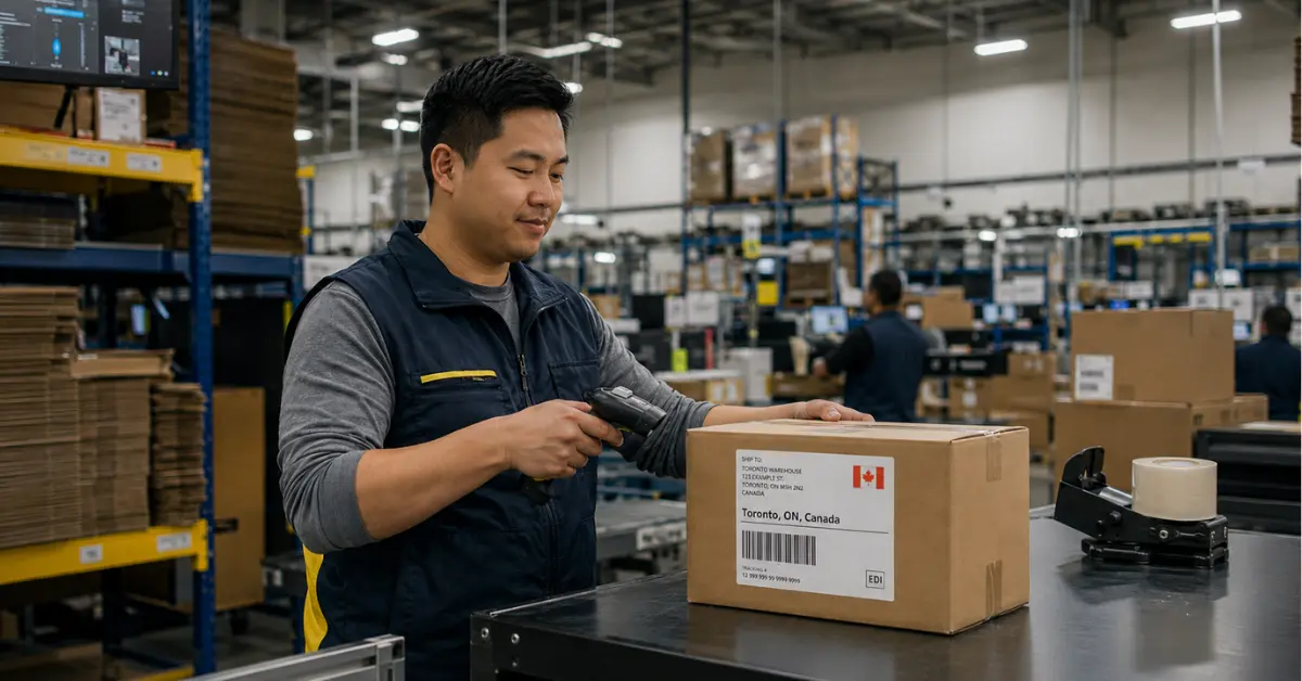 A fulfillment or warehouse worker scanning a box labeled for a Canadian address, calm and in-control, conveying readiness rather than crisis.