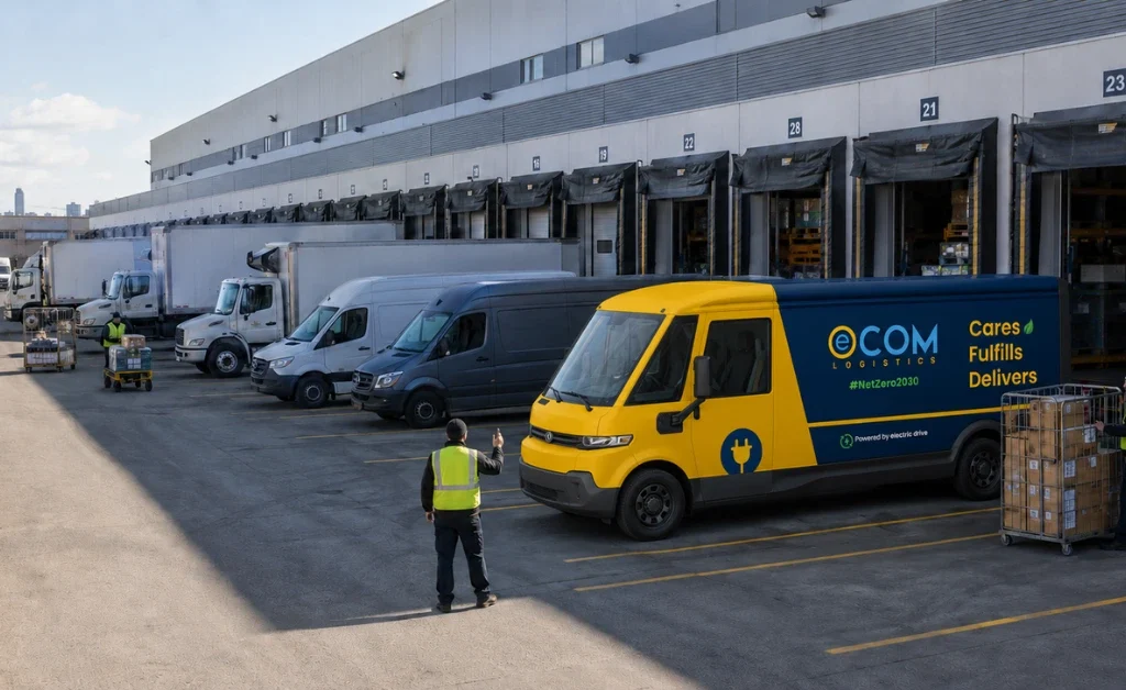 Ecom Logistics warehouse loading dock with multiple carrier vehicles queued, organised and operational, conveying multi-carrier peak season readiness