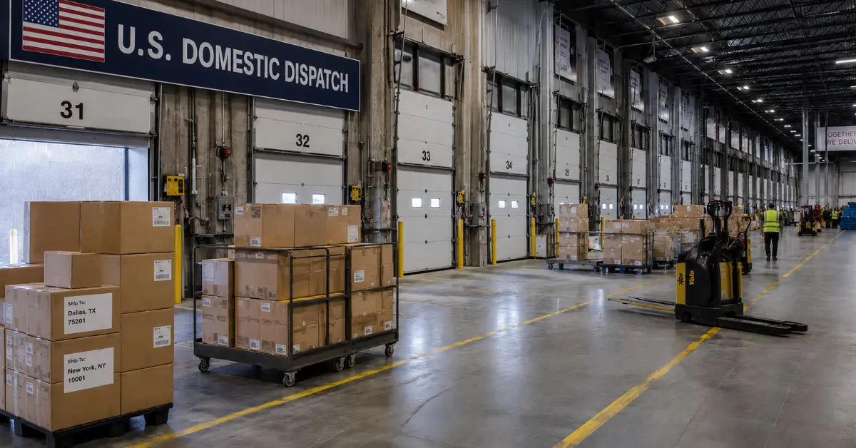 A fulfilment centre loading dock with boxes ready for domestic U.S. dispatch